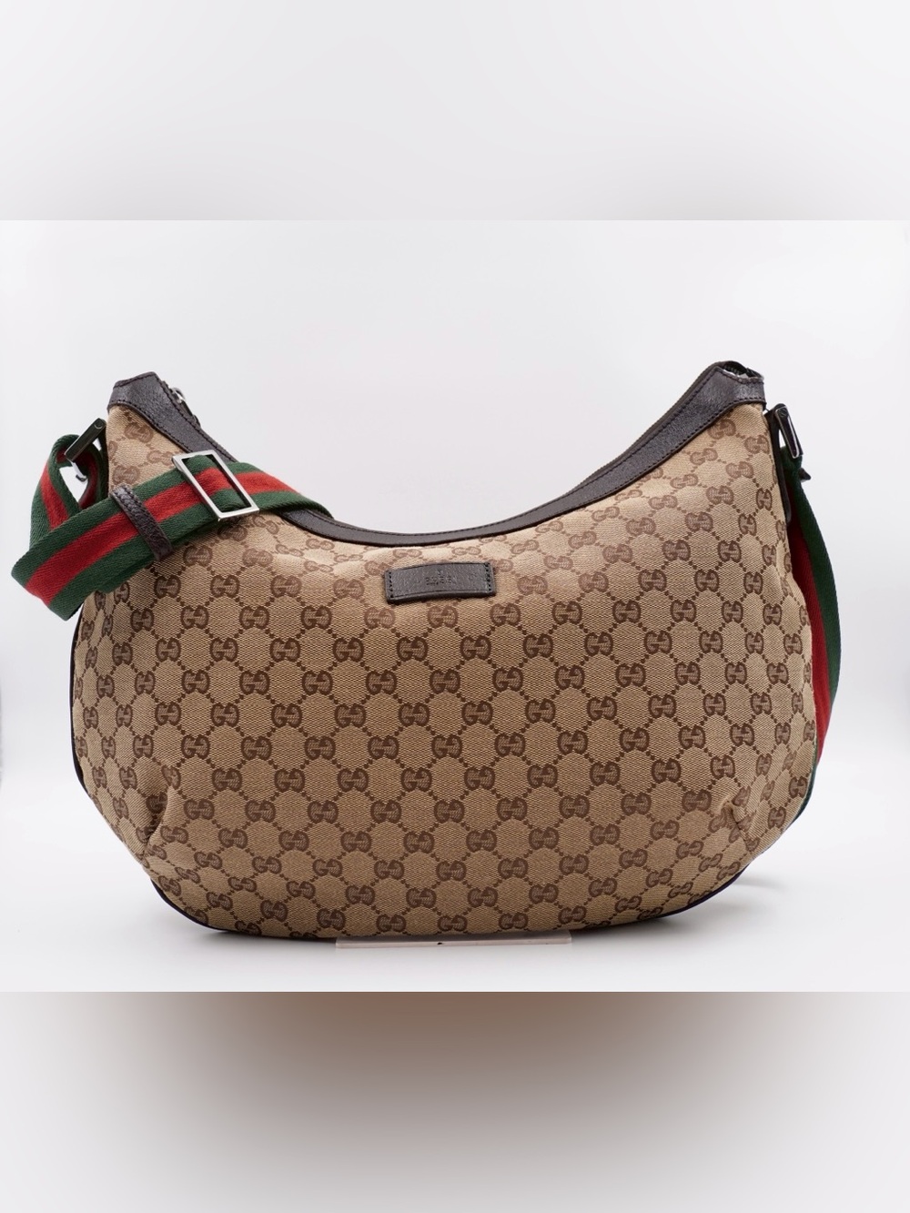 Gucci  Web Halfmoon Large Brown GG Canvas Crescent Shoulder Bag with Web Strap